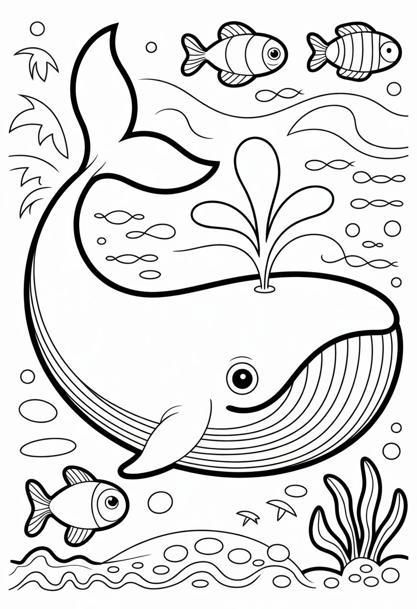 Whale Coloring Pages For Kids | 11 Fun and Educational Designs 3 A large blue whale swimming in the ocean surrounded by waves, bubbles, fish, and sea plants.